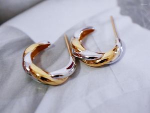 Stud Earrings 18K Solid Yellow Real Gold Jewelry(AU750) Women Twine Twist Double Color Against White Separation Design