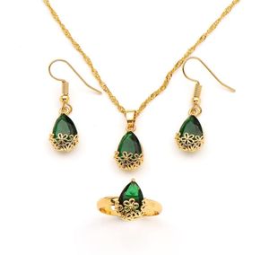 Collana con ciondolo in oro massiccio 18 carati, orecchini, anello, goccia d'acqua, set di gioielli in cristallo verde, grande gemma Rec con 78965223043163