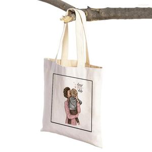 ショッピングバッグカジュアルスーパーママ女性バッグ再利用可能な両面ファッション漫画ママキャンバスエコショッパースーパーマーケットトートハンドバッグ