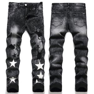 Designer-Jeans für Herren, schwarze Jeans für Herren, Luxus-Designer-Jeans, Distressed-Mode für Herren, Stickerei, Patchwork, zerrissen, für Trendmarke, Motorradhose, Röhrenhose für Herren