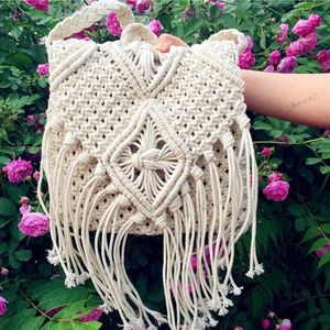 Evening Bags Fashion White Handmade Cotton Rope Hollow Out Woven Bag Fashion Tassel Bag Women's Handbag Str Shoulder Bag Ladies T230526