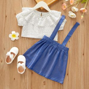 Kläder set sommarflicka set kläder polka dot rufsa solid färg kort ärm imitation denim hängskolan kjol tvådelar outfit
