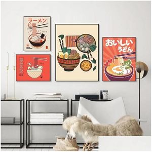 Картины рамэн лапша с яйцами холст плакат японская винтажная суши -блюда рисовать ретро -кухня ресторан настенные художественные украшения доктор dhyd0