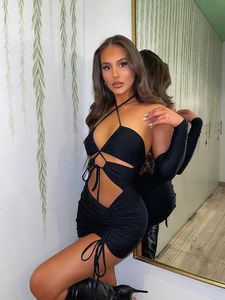 Black Jersey Cut Out Dates Nightclub Outfits Mini Dress Chic Detachable Sleeve Halter Ruched Bodycon Party Dress