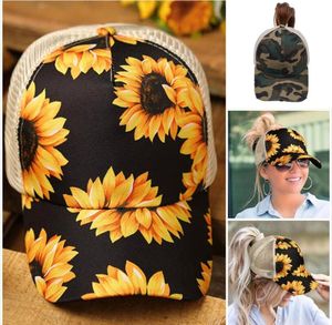 Party Hats 60 Style High Buns Buns Trucker Ponycap Hat Hallow Out Sunflower Mesh Cross Baseball Hat Women Sunflower Baseball Ponytail Hat Q116