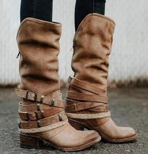 Boots Fashion Women Lace-Up Riding Motorcycle Boot Low Heel Knee High Buckle Side Zipper Female Botas Brown