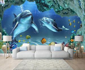 Sfondi Wallpaper murale 3D personalizzato Underwater World Dolphin Mother And Son Deep Love TV Background Wall