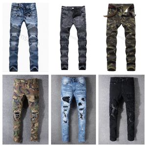 Calças de brim masculinas de designer miri estampadas clássicas, buraco de motocicleta, denim azul de luxo, moda masculina, roupas de rua, calças de grife masculinas por atacado Am Men's Distressed jeans