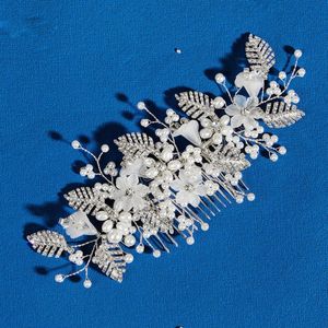 Wedding Hair Combs Floral Leaves Crystal Rhinestone Jewelry Hair Accessories Headwear for Women Headpiece Pearl Silver Tiaras