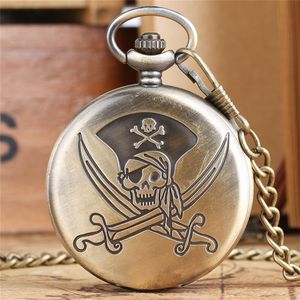 Brązowe klasyczne piraci z czaszki zegarki kieszonkowe steampunk kwarcowy zegarek łańcuch naszyjnika
