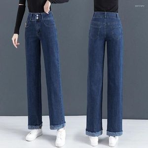 Kvinnors jeans vårens höst rak denim byxor kvinnor förlorar hög midja avslappnad koreansk mode kvinnlig solid vilda bredben jean