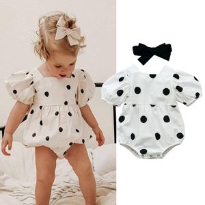 Rompers Summer born Baby Girls Fashion Polka Dot Printed Puff Short Sleeve Romper Jumpsuit Headband 2pcs Outfit Sunsuit 230525