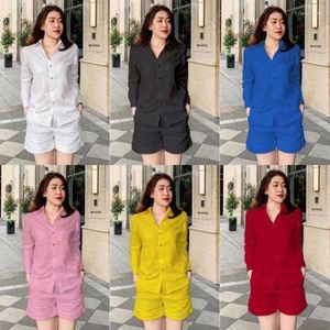 Women's Shorts 2023 Spring And Summer Solid Color Cardigan Suit Women's Long-sleeved Casual Two-piece Set Wholesale