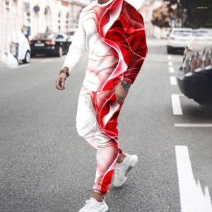 Erkek Trailsits Moda Erkekler Retro Jogging T-Shirt Uzun Kollu Takım Sweatshirt Mürettebat Boyun 3D Kırmızı Desen Seti Giysileri
