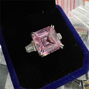 Asscher Cut 12mm Lab Pink Diamond Ring 100% Real 925 Sterling Silver Party Wedding Band Rings for Women Men Engagement Smycken