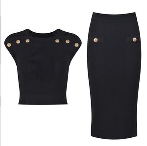 426 2023 Milan Style Spring Summer Märke Samma stil Två stycken Set kort kjol Black Crew Neck Empire ärmlös klänning yl