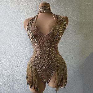 Scene Wear Bar Nightclub DJ Pole Dance Fringe Leotard Gold Sequins Tassel Bodysuit Gogo Dancer Sexig klubbfestdräkt kostym