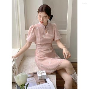 Partykleider Sommer Chinesische Spitze-up Slim Damenkleid Süße elegante Stickerei Frau Rosa Aprikose Puffärmel weiblich