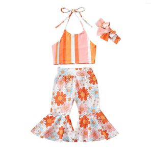 Kläder set sommar baby flickor kläder mode barn rand är ärmlösa tank tops blommor tryck flare byxor bow pannband 3 st.