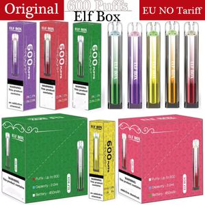Original ELF BOX 600 Puffs E Cigarettes Vapes Stylo Vape Jetable 2% 5% RGB Light E Cigs 450mAh Batterie 2ml Prérempli Mesh Coil Pod Puff 600 Vapers Dispositif