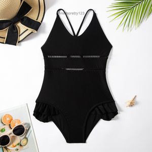 Costume da bagno intero con reggicalze per bambina alla moda scava fuori Designer Nero Beachwear 5-12T Bikini stampato senza schienale per bambina Estate confortevole costumi da bagno 2 stile