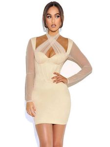 Ivory Satin Mesh Long Sleeve Coset Dress Elegant Tull Criss Cross Halter Slim Bodycon Club Party Wedd