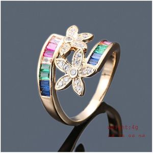 Band Rings Cute Rainbow Zircon Stone Ring Sier Yellow Gold Color Flower Love For Women Lady Romantic Promise Wedding Party Jewelry D Dhhkq