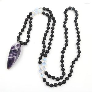 Hänghalsband fysl handgjorda vävning Amethyster Stone Pyramid Long Beads Chain Halsband Rose Red Agates smycken