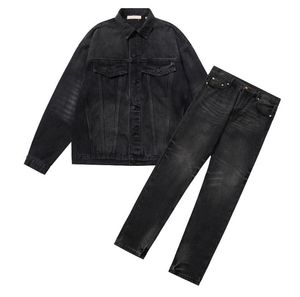 Designer Men's Tracksuits Ripped Hole Set Spring Autumn Brand Lapel Denim Jacket + Stretch Jeans Tattered Whiten 2 Piece Set