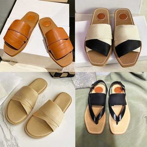 Kvinnor Sandaler Designer Woody Flat Sandal Lettering Slippers Calfskin Canvas Cross Straps Shoes Summer Beach Flip Flops Outdoor Leathers Sole Sole With Box No290