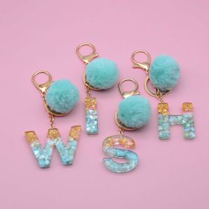 Key Rings 26 English fur ball female green letters car keychain handbag talisman pendant jewelry gift G230525