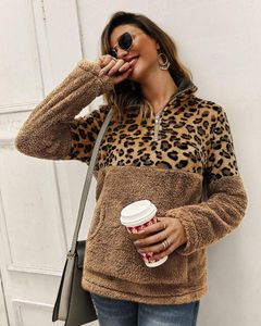 Kvinnors hoodies 5 färger vinter fleece mode leopard lapptäcke fluffiga tjocka tröjor varma blixtlås pullovers kvinnor sherpa casual tops
