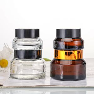 Jarros de creme de vidro âmbar 15g 30g 50g garrafas recarregáveis ​​de cosméticos com forros internos brancos e tampas de ouro preto