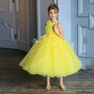 Girl Dresses Fashion Yellow Customized Flower Sleeveless Soft Tulle Kid Wedding Party Gowns First Communion Dress