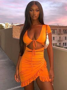 Female Lovely Ruffles Short Sleeve Vacation Outfits Clothing Cut Out Lace Up Ruched Bodycon Summer Orange Dress