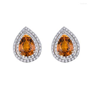 Stud Earrings LANMI For Women Vintage Pear 6x8mm Solid 14Kt Yellow Gold 3.01Ct Citrine Around Diamonds Engagement