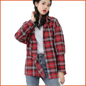 Kvinnors blusar Vogorsean Cotton Women Blus Shirt Plaid Summer 2023 Loose Casual Fall Plus Size Womens Shirts Tops Röda/gula/blå