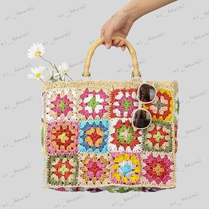 Kvällspåsar Bohemian Granny Square St handväskor Casual Paper Woven Bamboo Handle Women Hand Bags Handmade Summe Beach Bag Stor tote Purse T230526