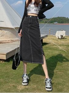 Skirts DEEPTOWN Vintage Denim Skirt With A Slit High Waist A-line Slim Bandage Korean Fashion Jeans Long Women Summer Casual