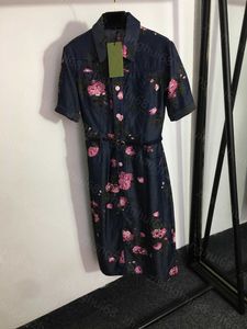 23ss summer Dress womens designer clothing women dresses Temperament floral print belt tucked in waist lapel short sleeve denim dress womens clothing