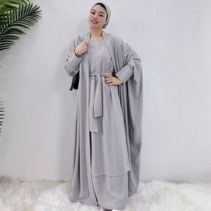 Ubranie etniczne moda muzułmańska damska solidna kolor pas bejgan kardigan krótkie rękawy maxi sukienka 2 sztuki eleganckie dubai garnitur