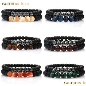 Beaded 2 Pcs/ Set Fashion Bracelet Natural Agate Tiger Eye Stone For Women Men Elastic Lover Couple Yoga Jewelry Drop Delivery Bracel Dh6Af