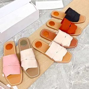 Woody Retro Damen Designer Sandalen Sommer Strand Kalbsleder Leinwand Kreuzriemen Flache Sandale Outdoor Ledersohle Slides mit Box NO290