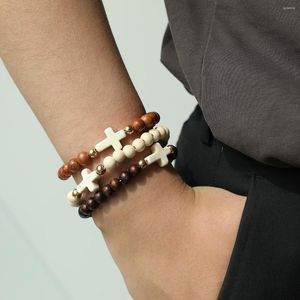 Strang Männer Natürliche Holz Perlen Kreuz Armbänder Elastische Schwarz/braun Holz Kette Armband Kirche Religiöse Auto Behänge Schmuck