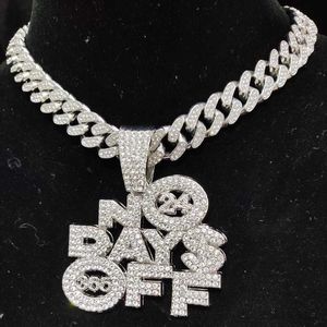 Men Women Hip Hop No Days Off Pendant Necklace with 13mm Cuban Chain Hiphop Iced Out Bling Necklaces Fashion Charm Jewelry