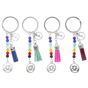 Keychains Lanyards Colorf Chakra Stone Tassel Keychain Pendant Lotus Reiki Healing Yoga Natural Gemstone Beaded Creative Keyring G Dhrwd