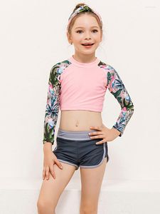 Kvinnors badkläder Girls 'Long Sleeve Rashguard Two Piece Swim Set Bathing Swims Swims Sun UV Protection Crop Shirop Boyshorts