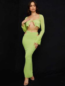 Women Two Piece Sets Maxi Skirt And Crop Tops Chiffon Long Sleeve Blouse Shirts Tie Waist Bottom Sexy See Through Suits