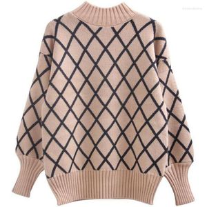 Women's Hoodies 2023 Spring Half Turtleneck Sweatershirt Women Trendy Diamond Plaid Pullover Sweater Fashion Loose Casual Knitted Shirt