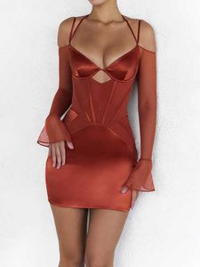 New Fall Off spalla manica lunga corsetto in raso Night Club Party mini abito aderente abito da compleanno chic per le donne